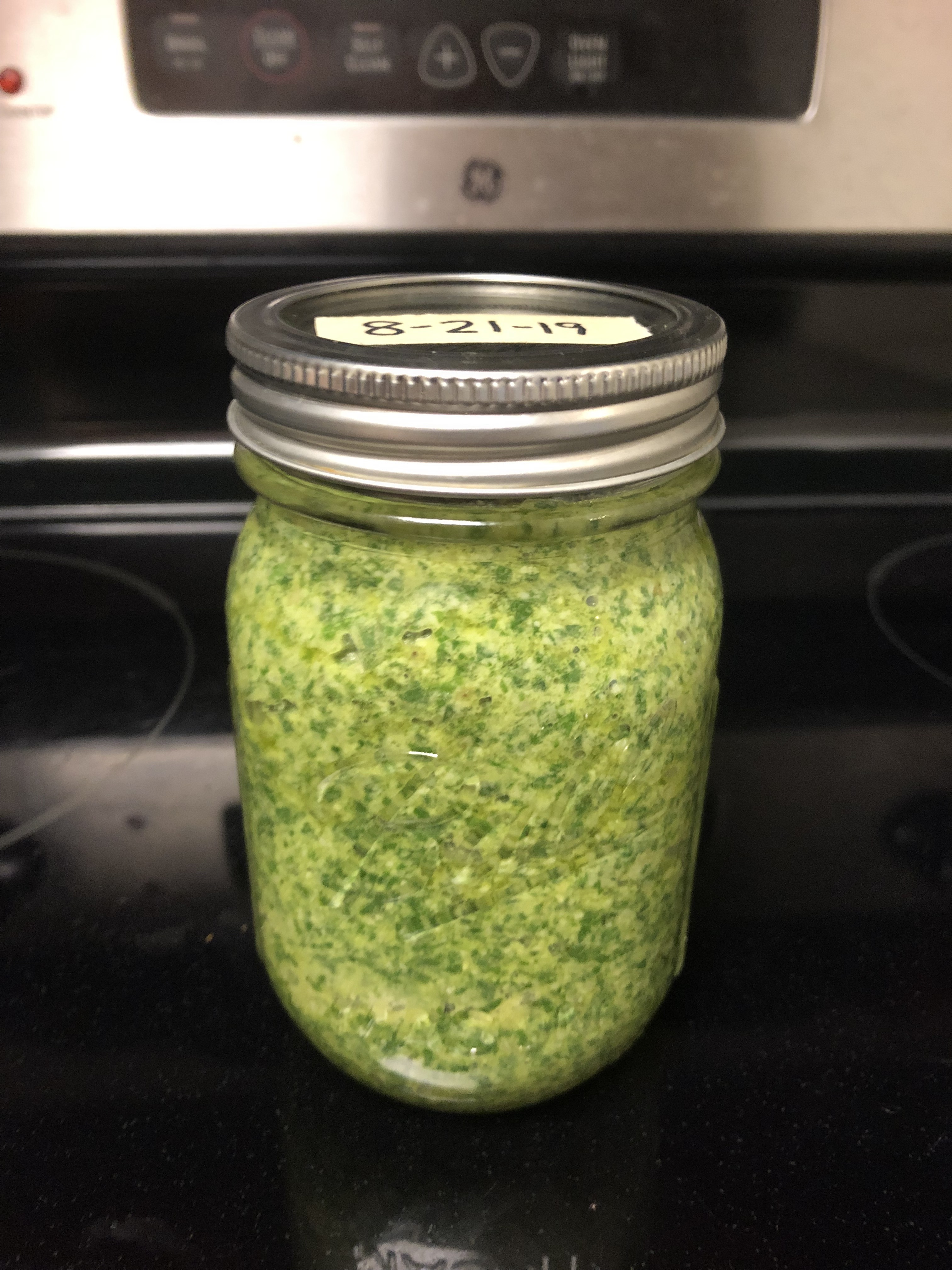 Jarred pesto. One jar requires double the ingredients listed.