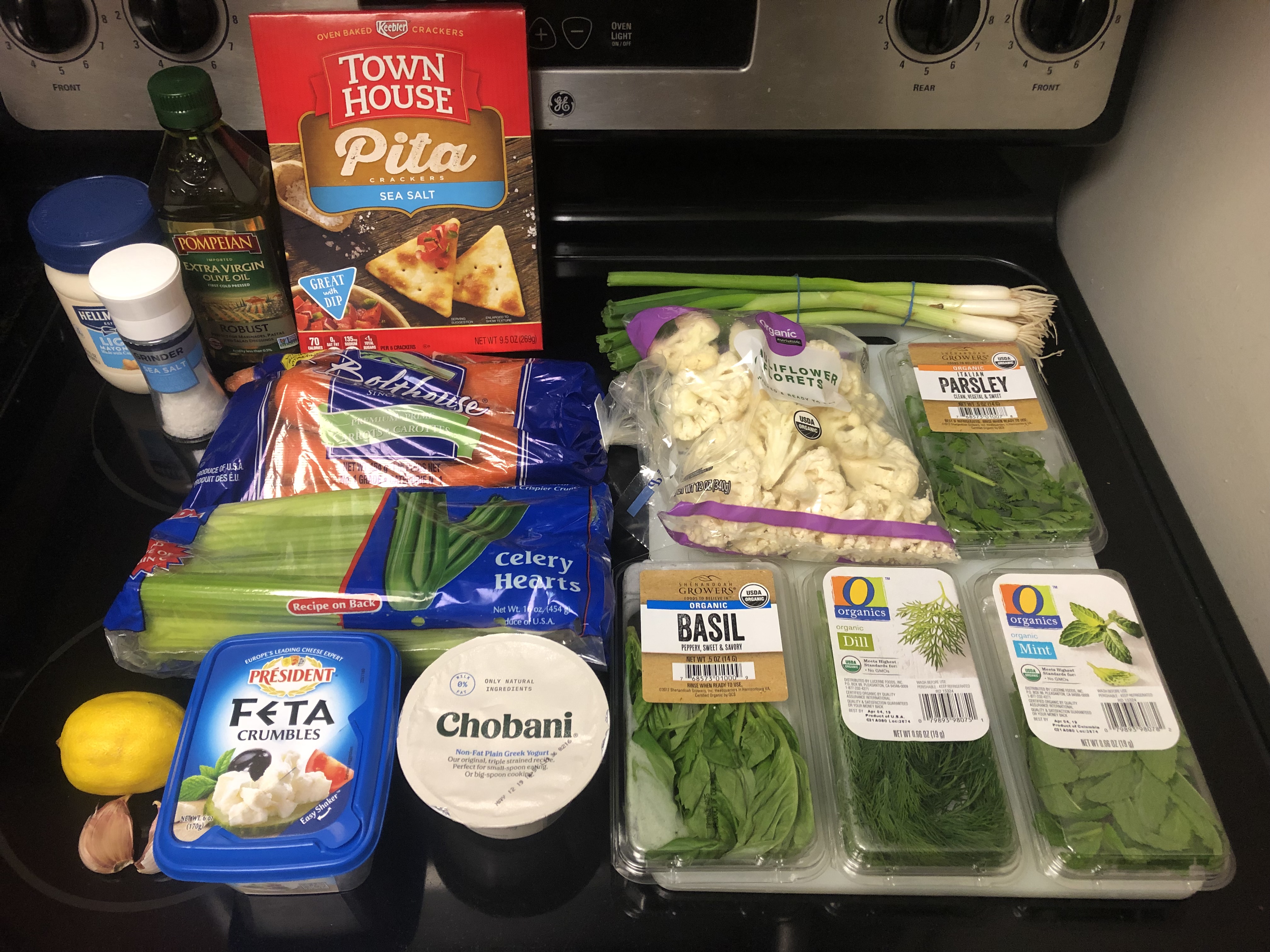 Ingredients organized on stovetop