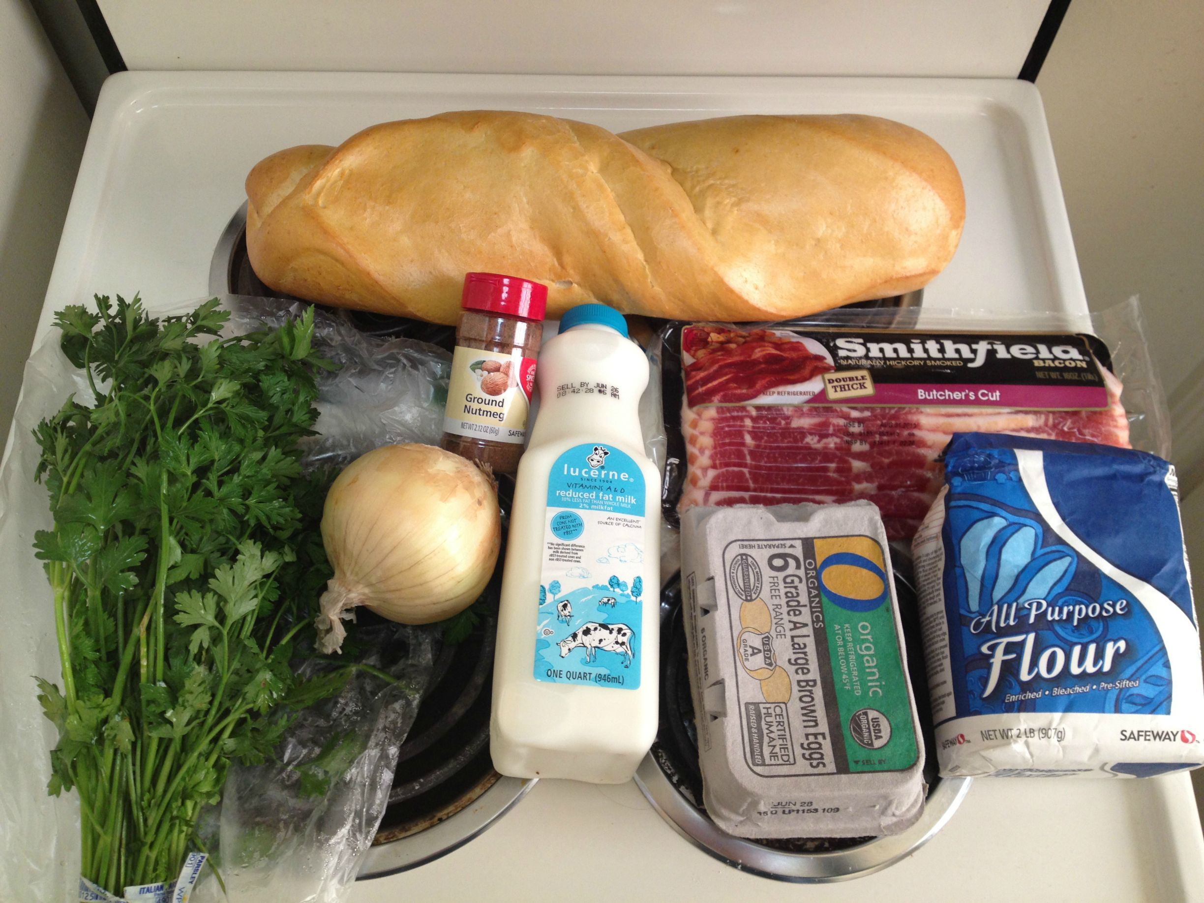 Knodel ingredients organized on stovetop