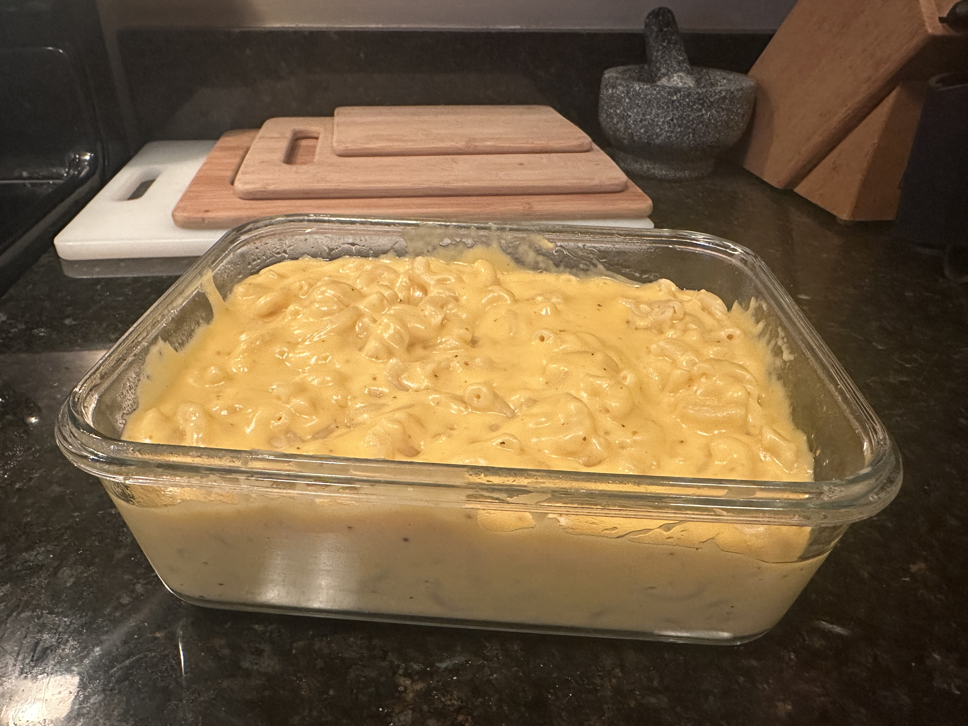 Macaroni prepped in casserole dish ready for the oven