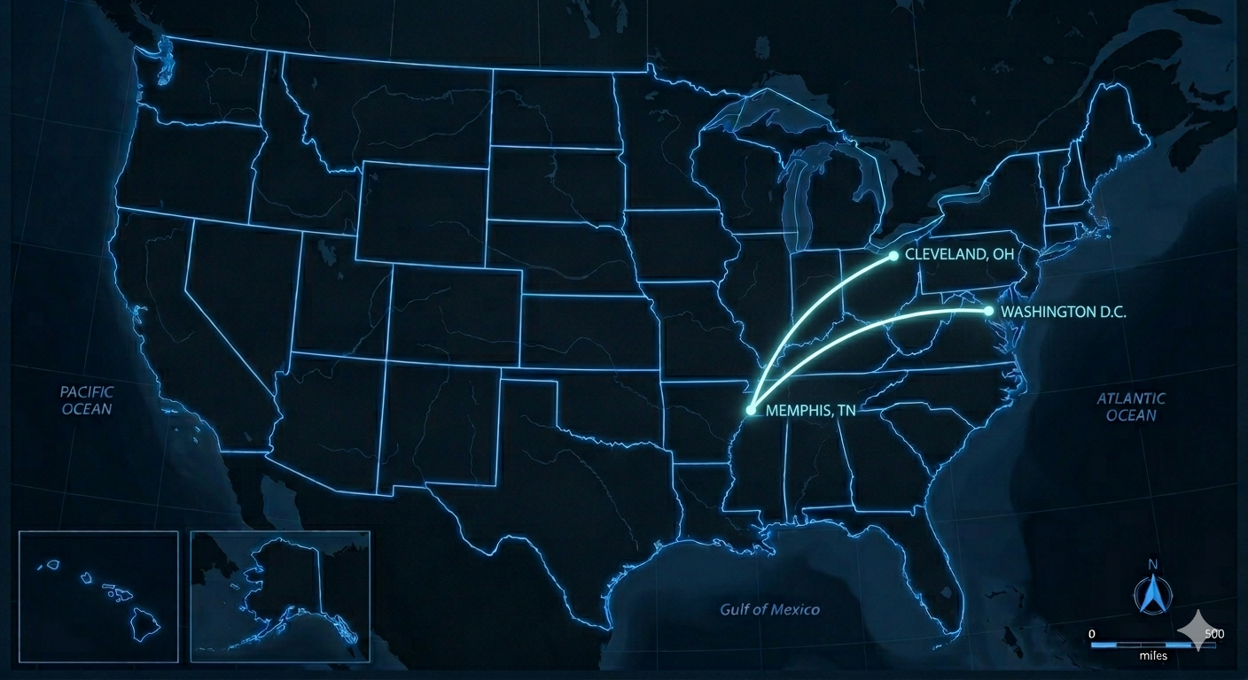 Map of the United States with Memphis Tennessee, Cleveland Ohio, and Washington DC highlighted